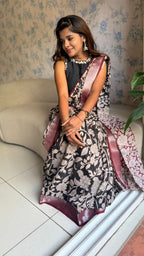 Black linen cotton kalamkari saree with embroidery blouse