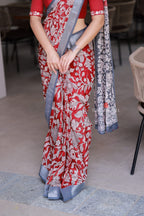 Reddish maroon linen cotton kalamkari saree with embroidery blouse