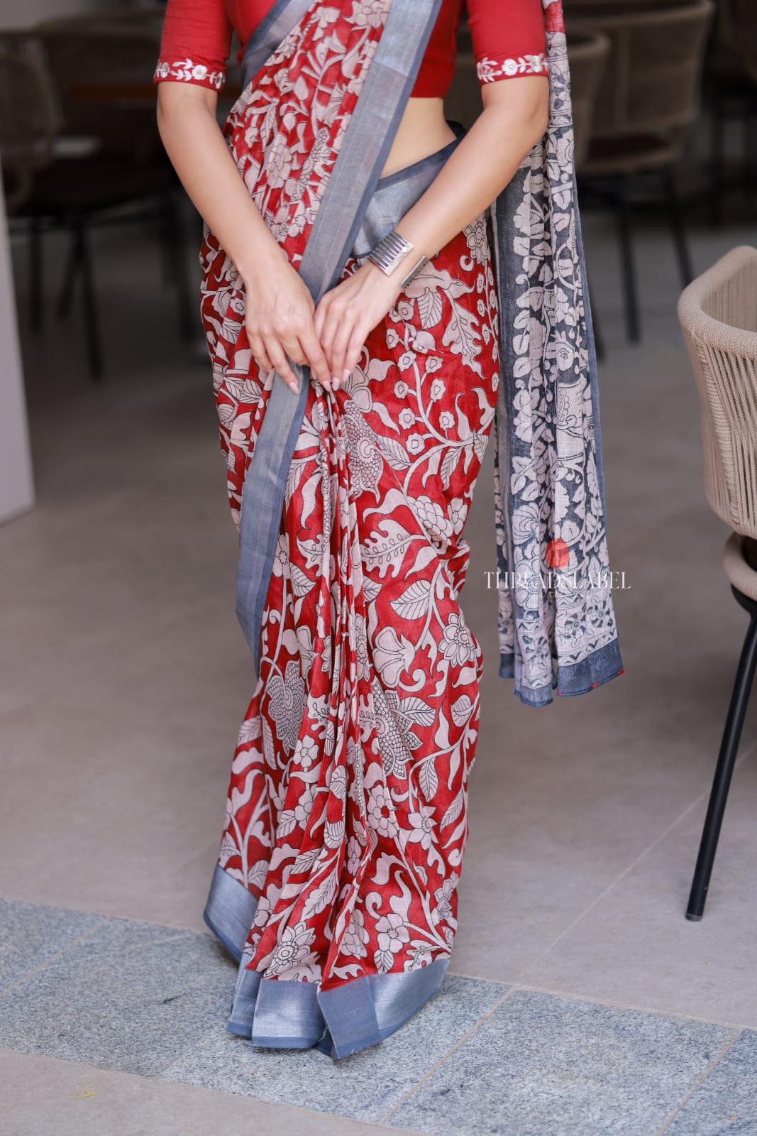 Reddish maroon linen cotton kalamkari saree with embroidery blouse