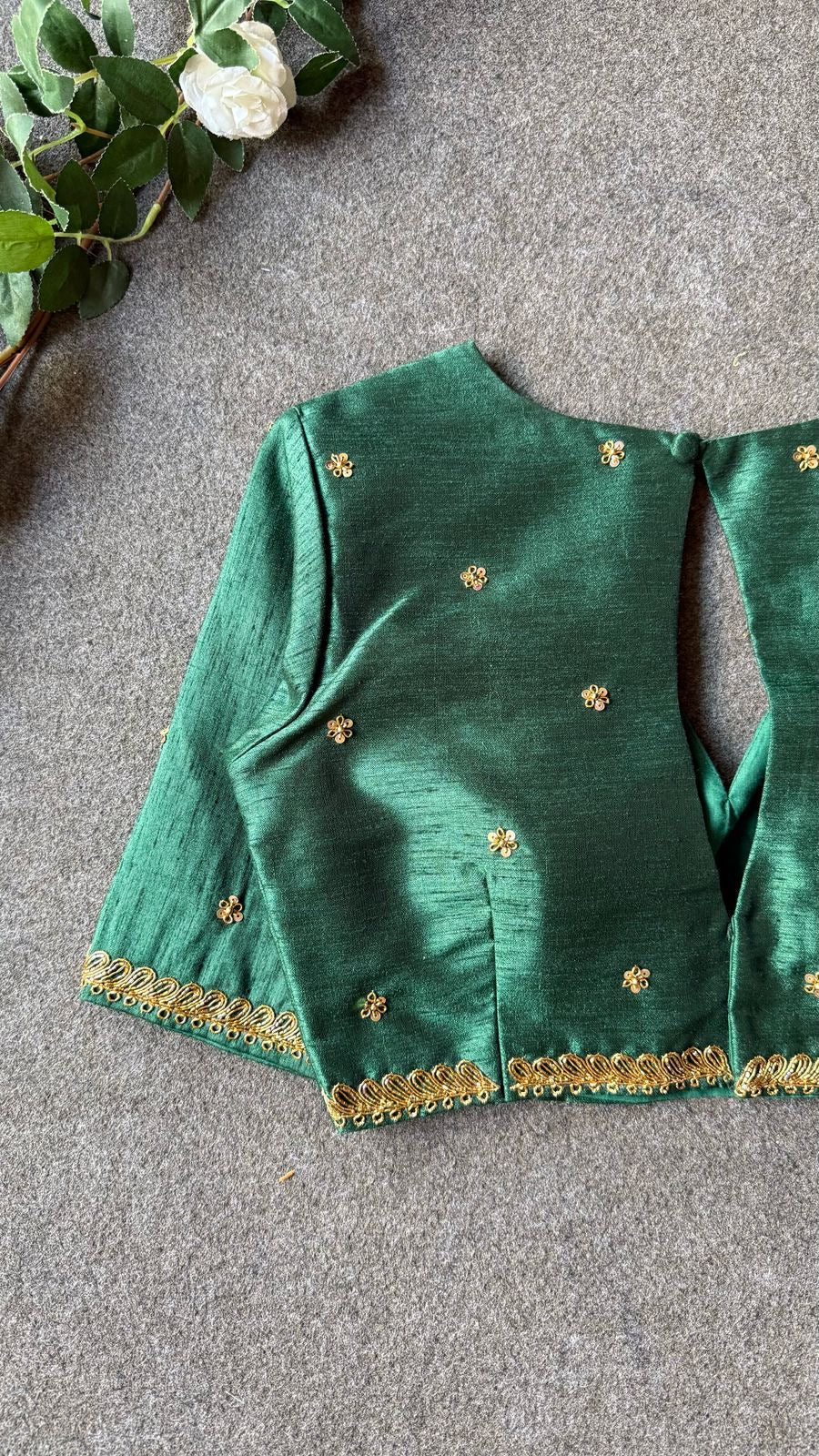 Bottle green silk shoulder hand worked blouse