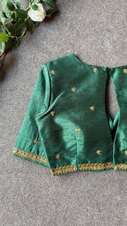 Bottle green silk shoulder hand worked blouse