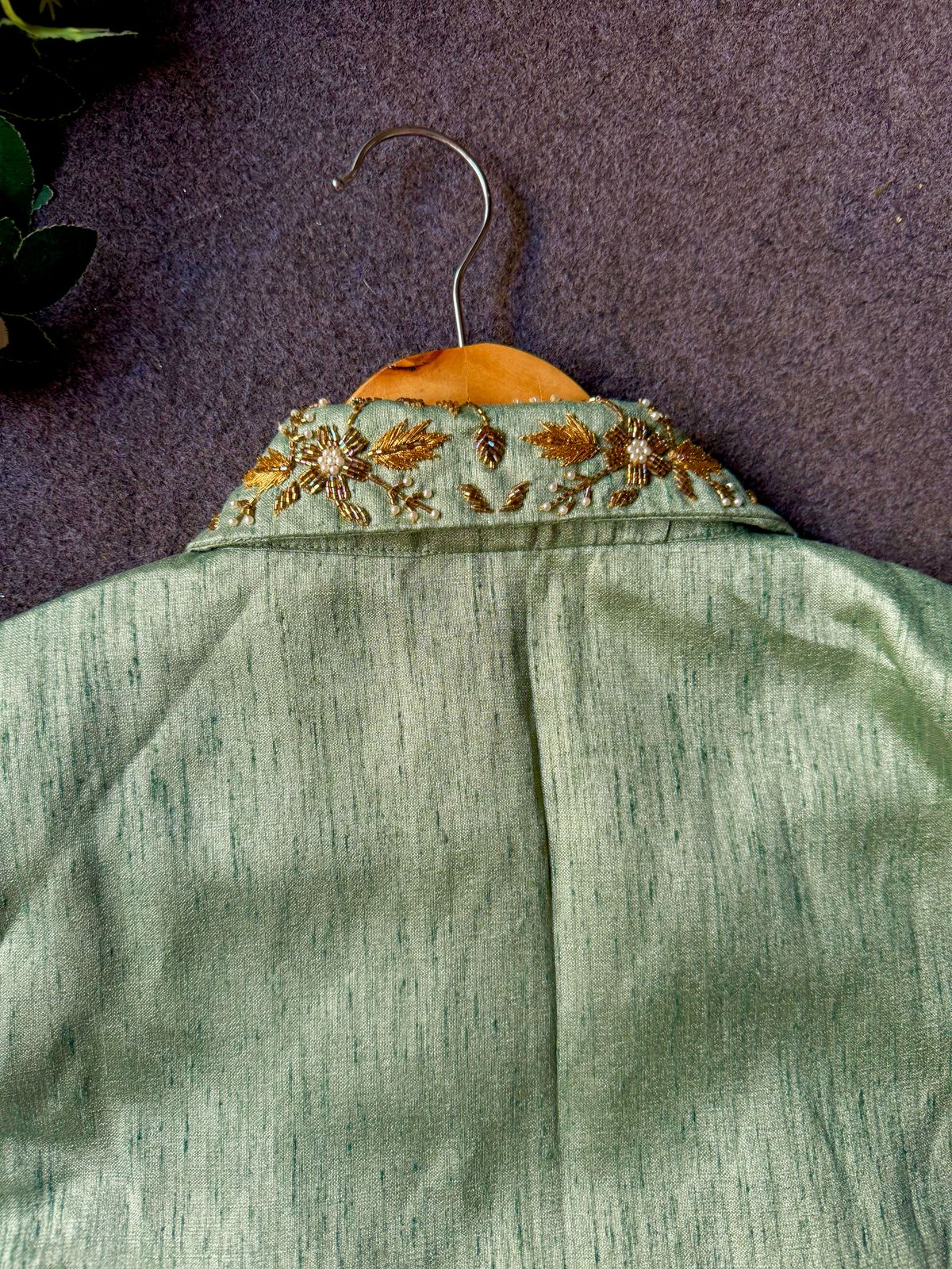 Pista green silk collar hand worked blouse