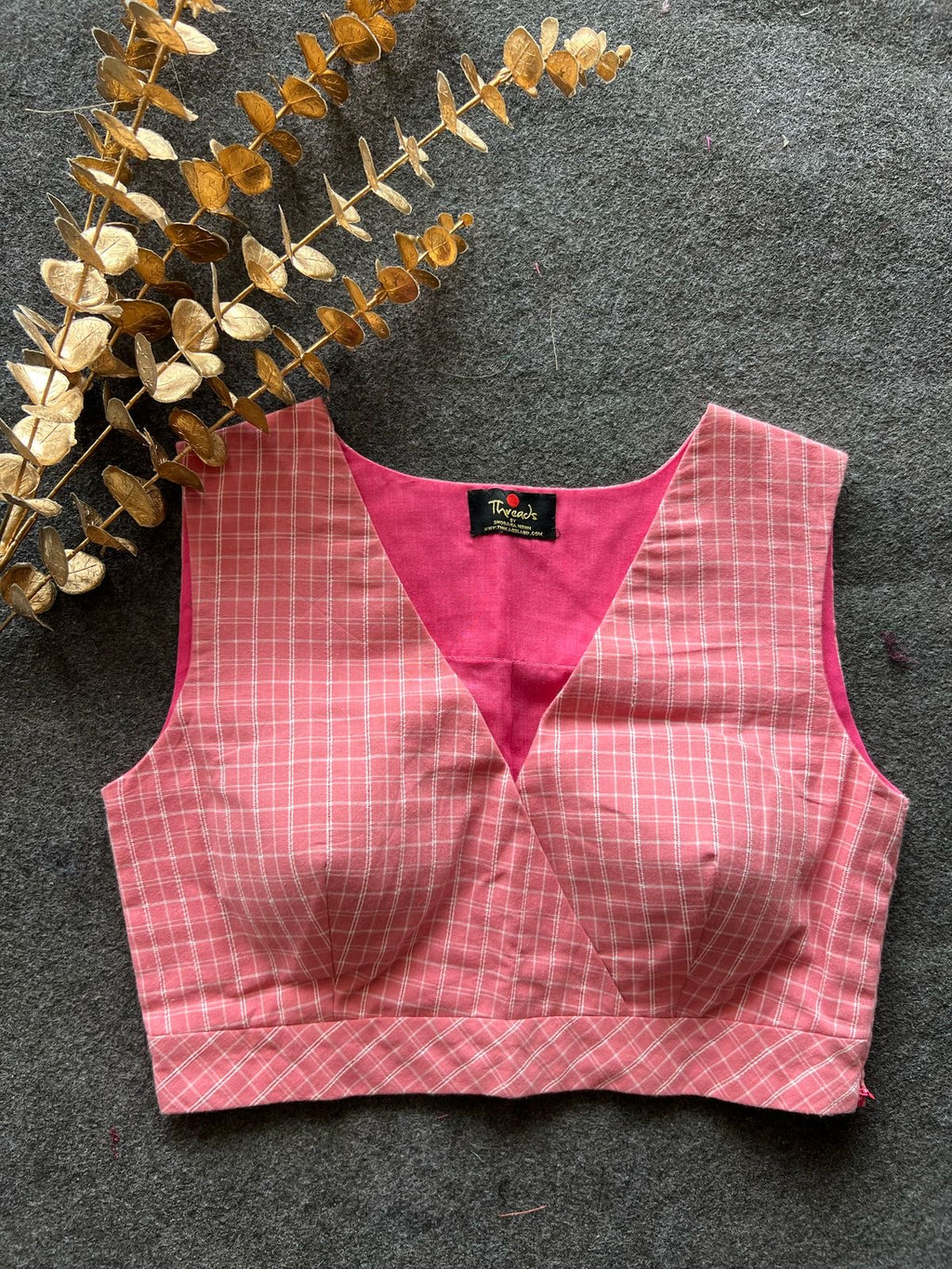 Pink checked printed cotton blouse