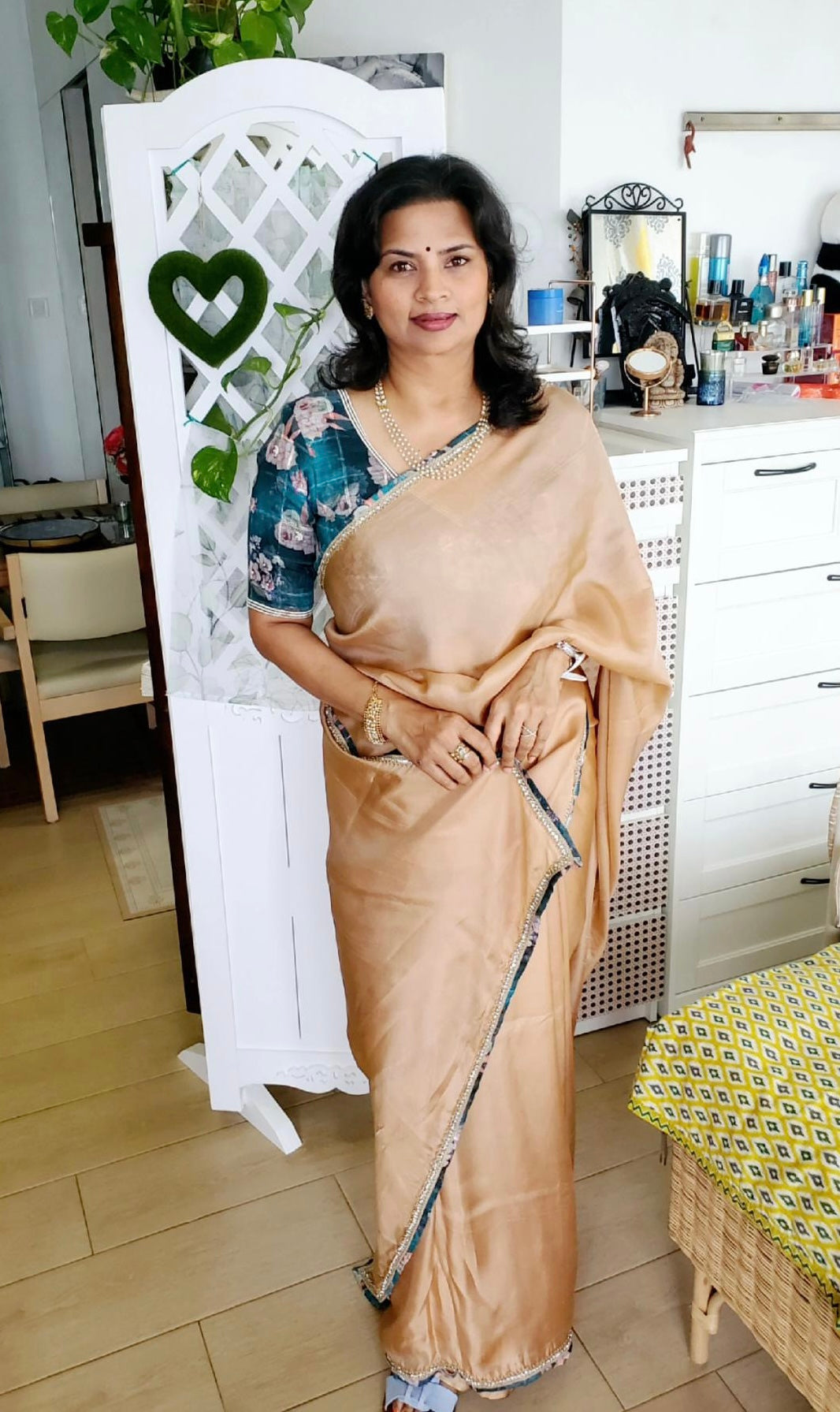 Jute copper saree with floral pearl handwork blouse