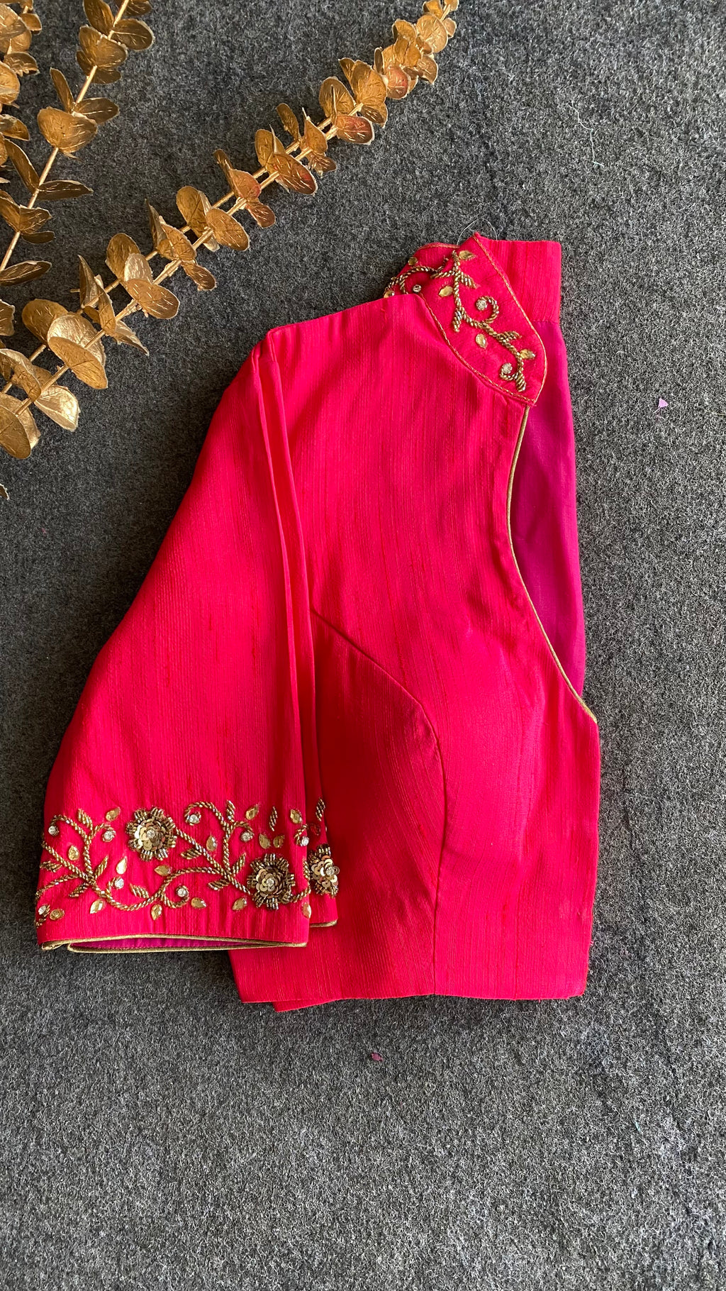 Pink silk collar & sleeves hand worked blouse