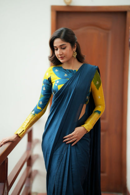 Deep blue marble silk saree with embroidery blouse