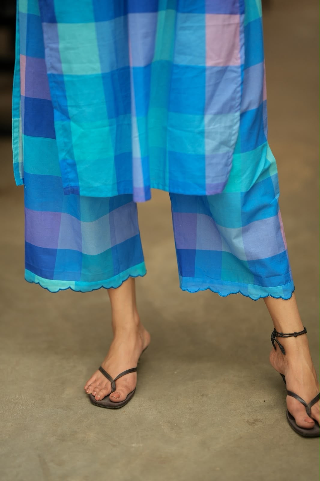 Blue checked cotton 2 piece kurti