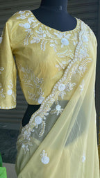 Banana yellow organza saree with silk embroidery blouse