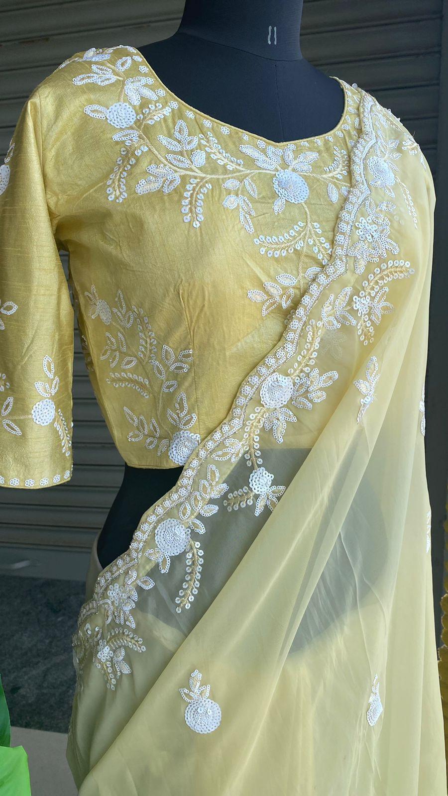 Banana yellow organza saree with silk embroidery blouse