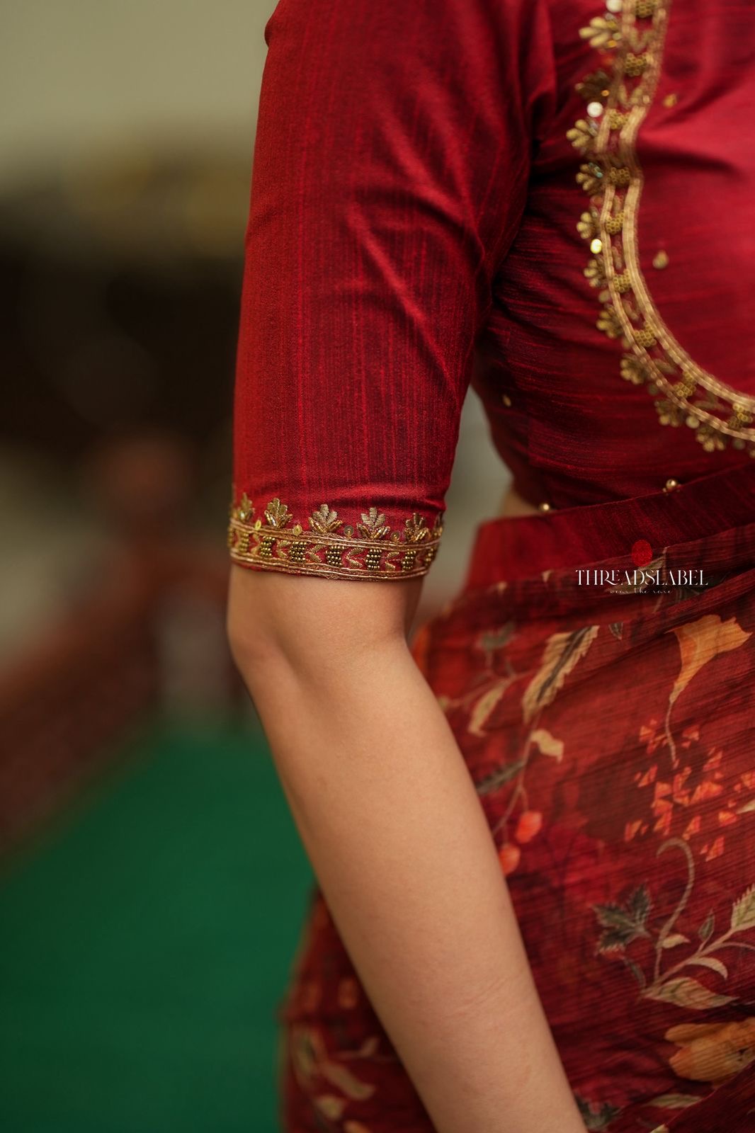 Maroon chiffon floral saree with hand work blouse