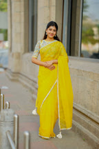 Yellow checked organza with floral cotton blouse