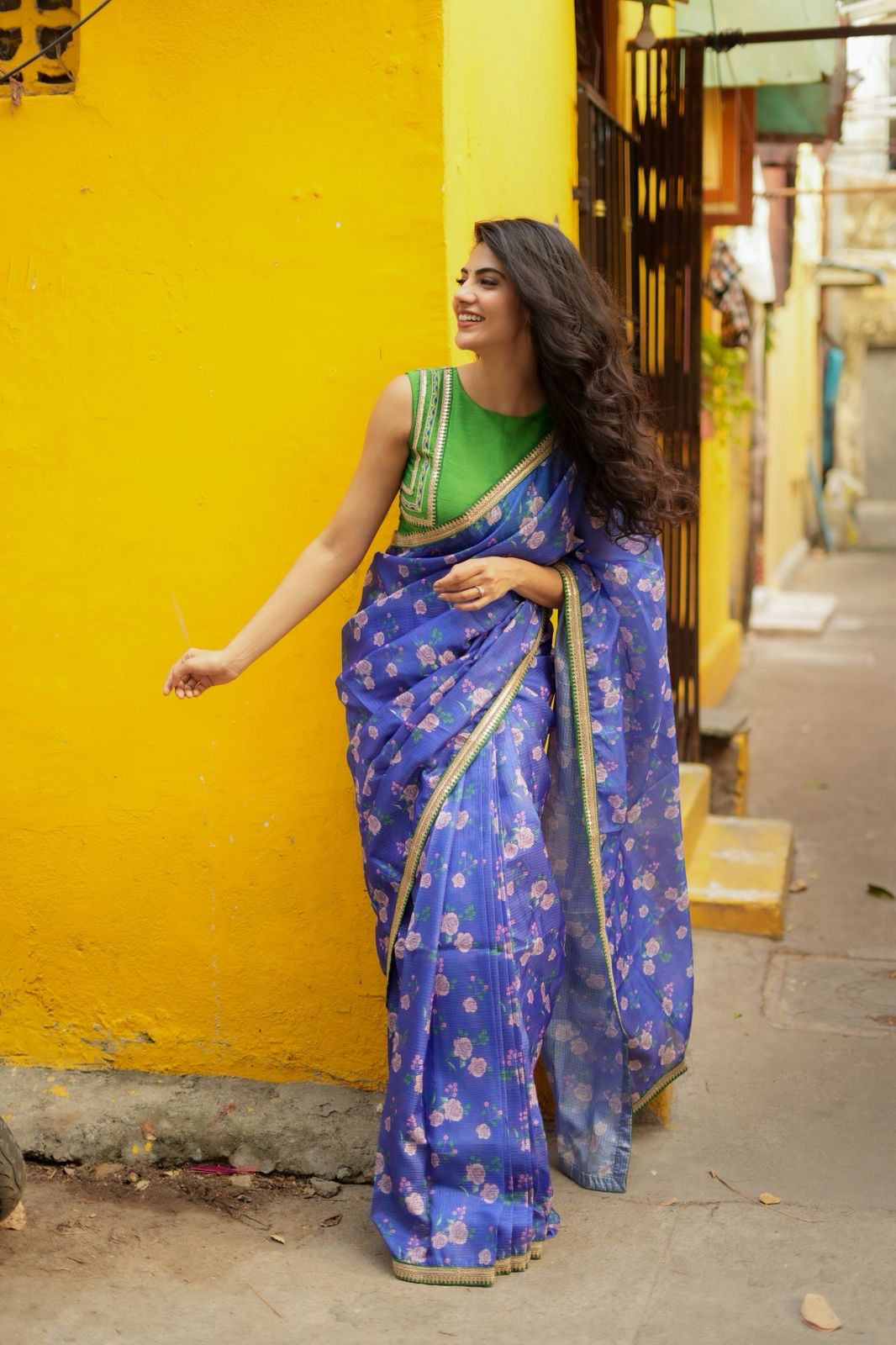 Blue kota saree with green hand work blouse