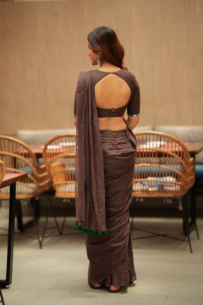 Dark brown mul chanderi with mirror blouse