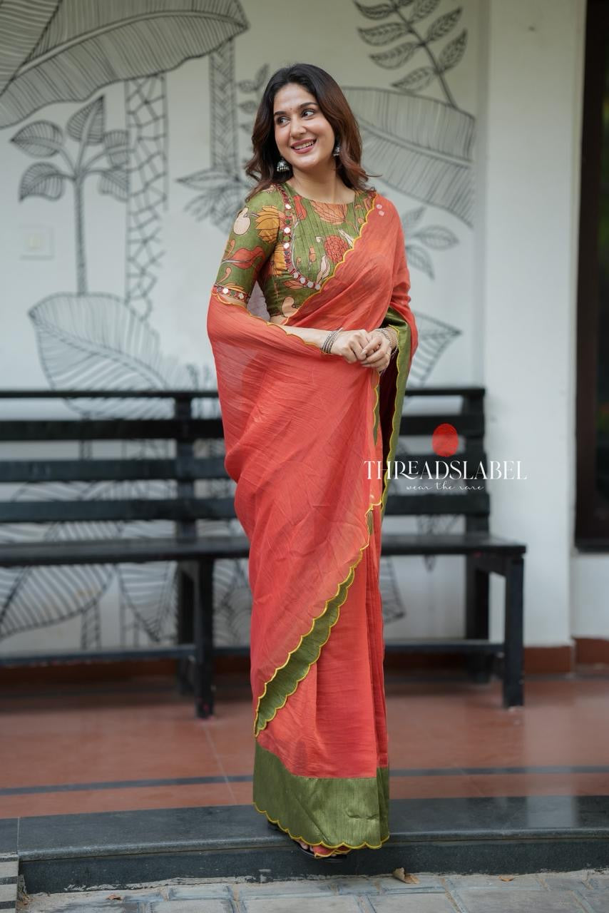 Orange rust mul cotton saree with kalamkari mirror blouse