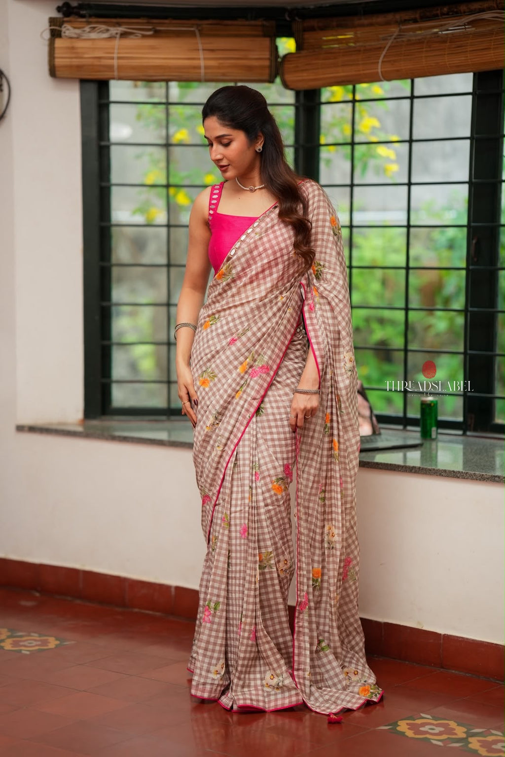 Brown checked mul cotton saree with hand work blouse