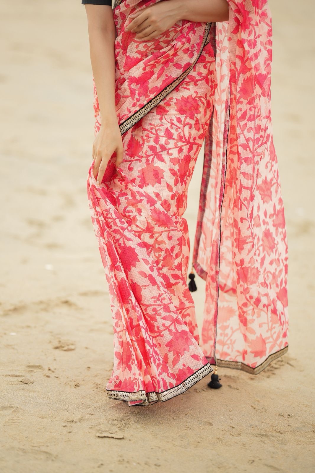 Cream red kota saree with silk hand work blouse