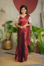 Wine soft tissue saree with floral blouse