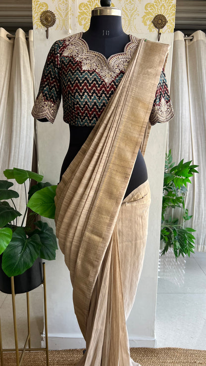 Golden cream tissue saree with ajrak embroidery blouse