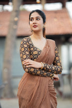 Brown malai chanderi saree with Ajrak print blouse