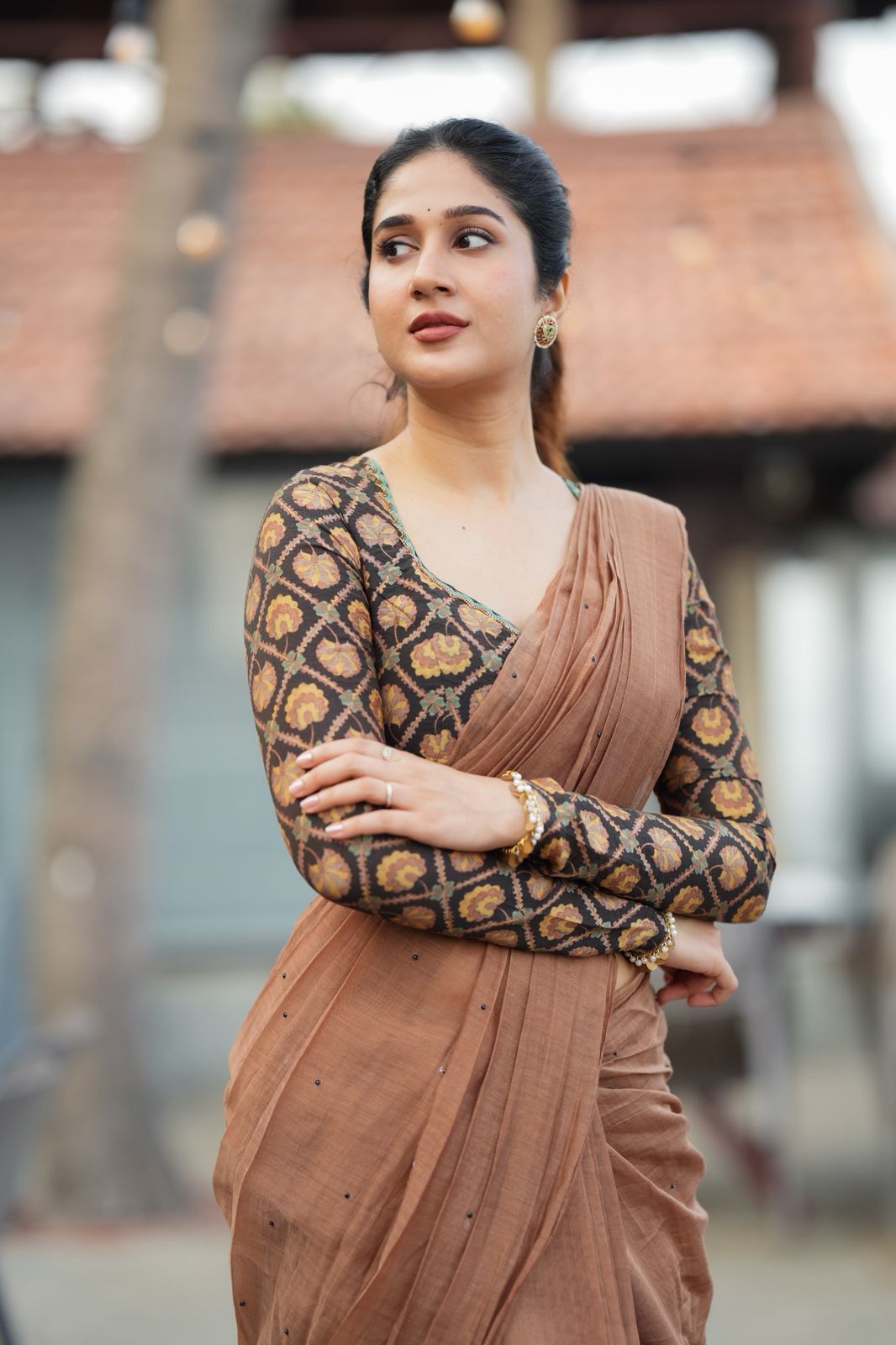 Brown malai chanderi saree with Ajrak print blouse