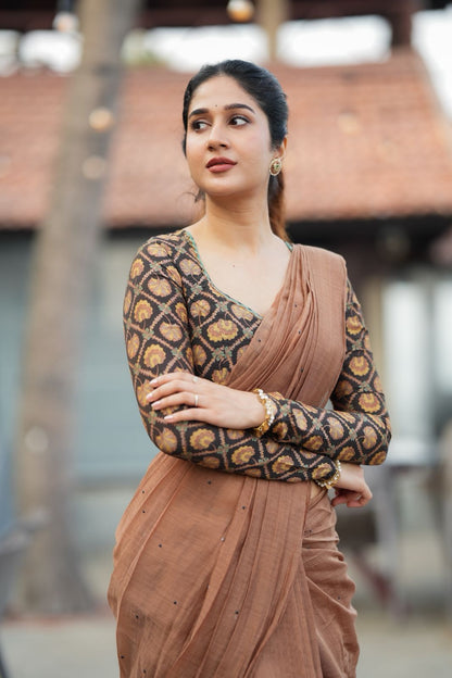 Brown malai chanderi saree with Ajrak print blouse
