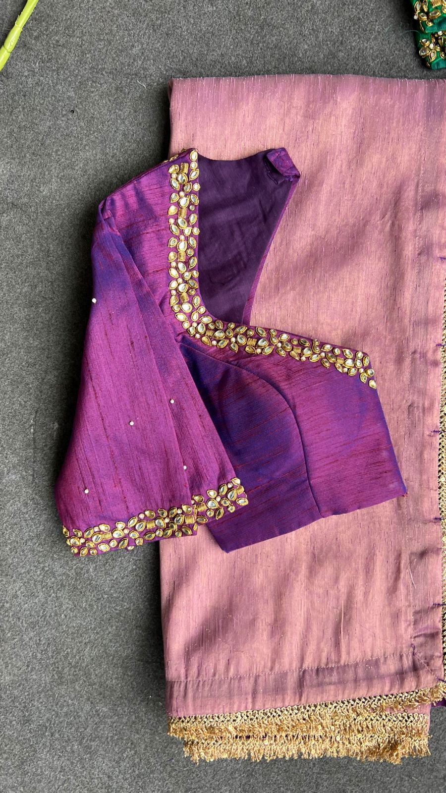 Pink tissue saree with purple hand work blouse