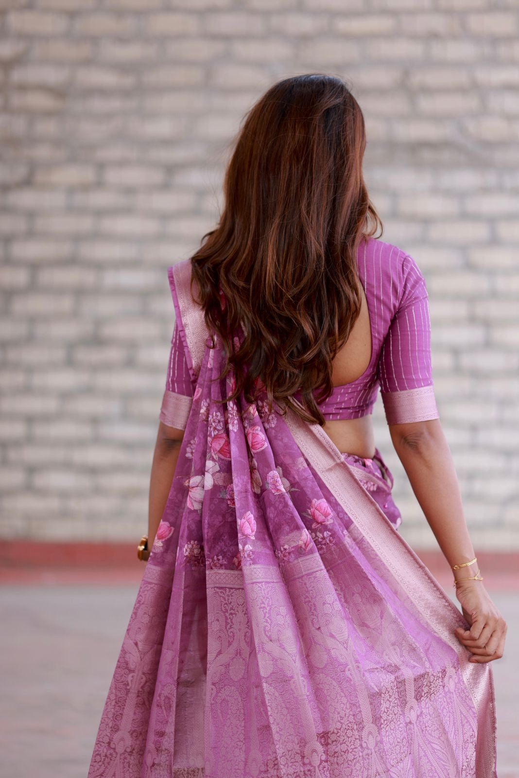 Cheryl pink georgette saree with patterned blouse