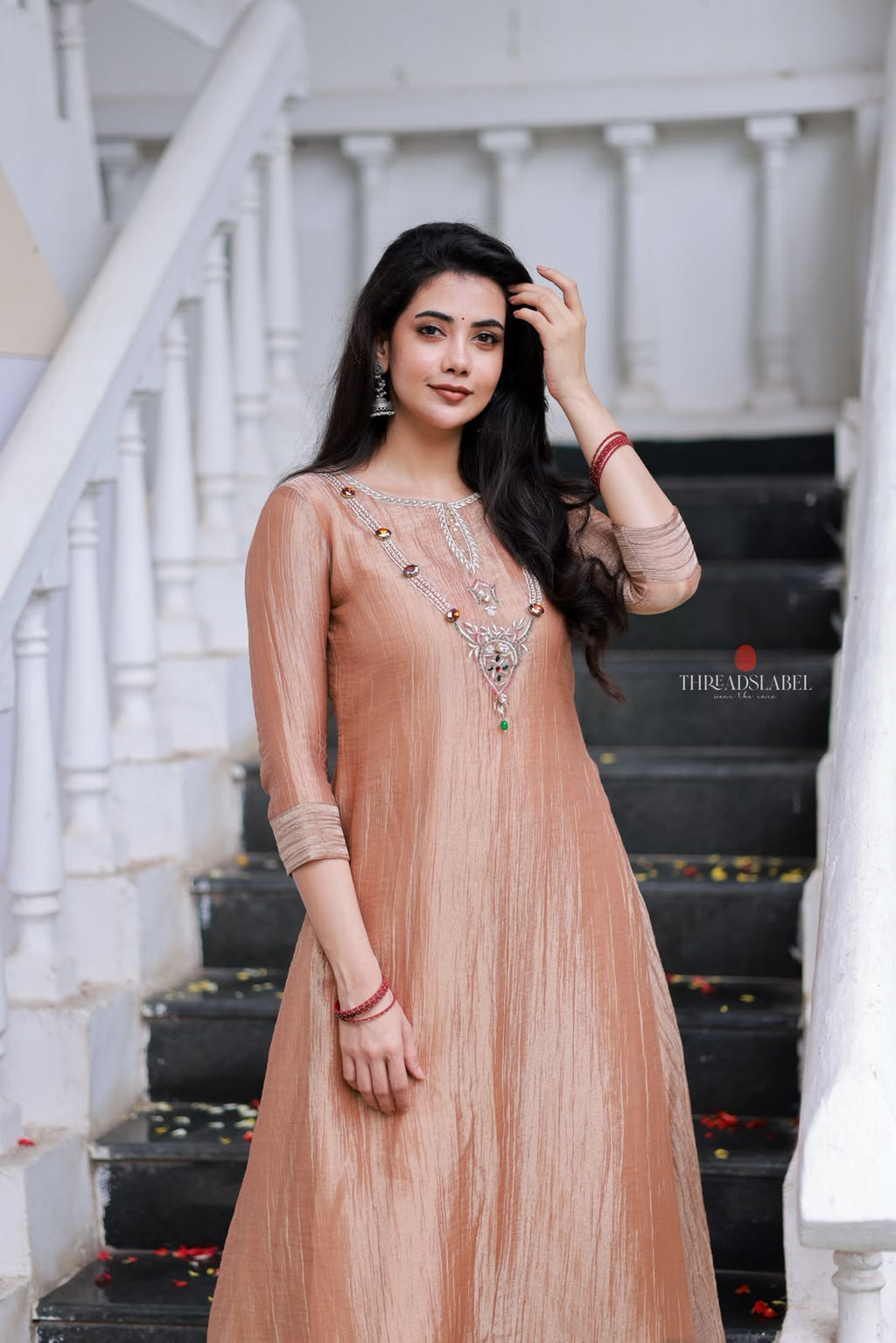 Peach tissue JEWEL NECK kurti