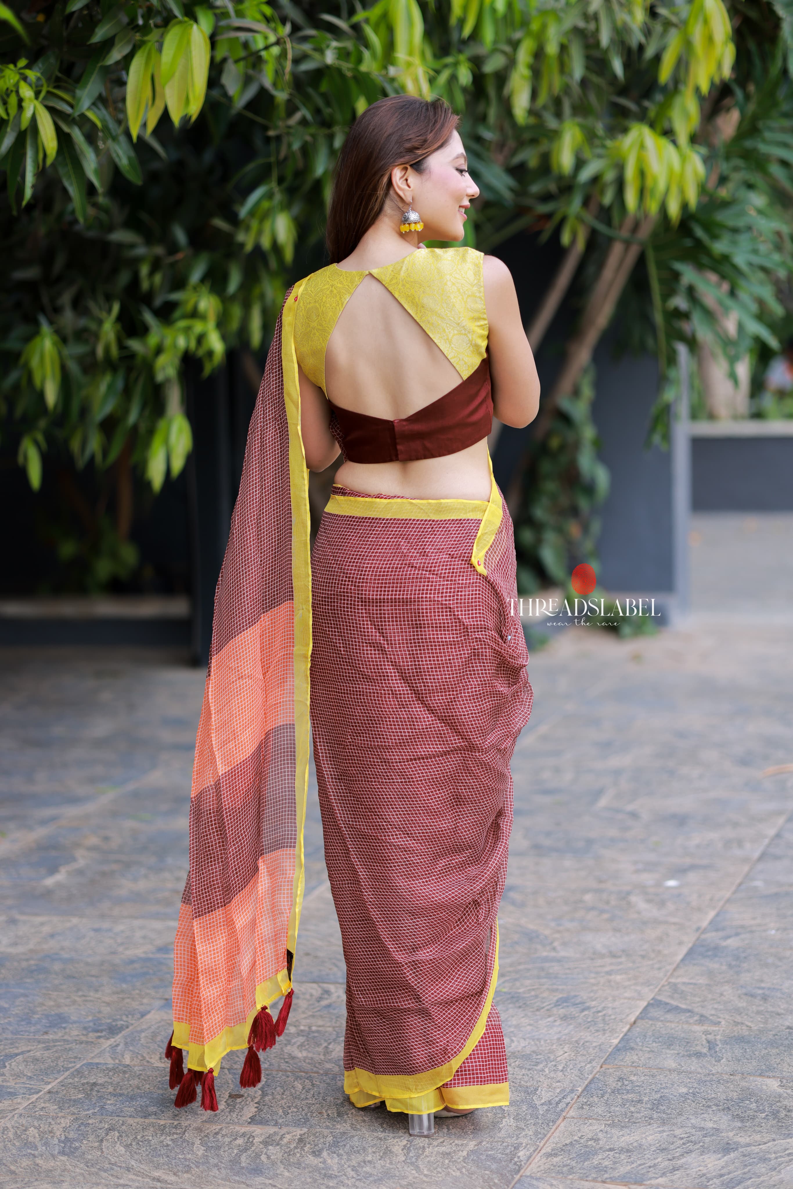 Brown jute saree with banarasi hand work blouse