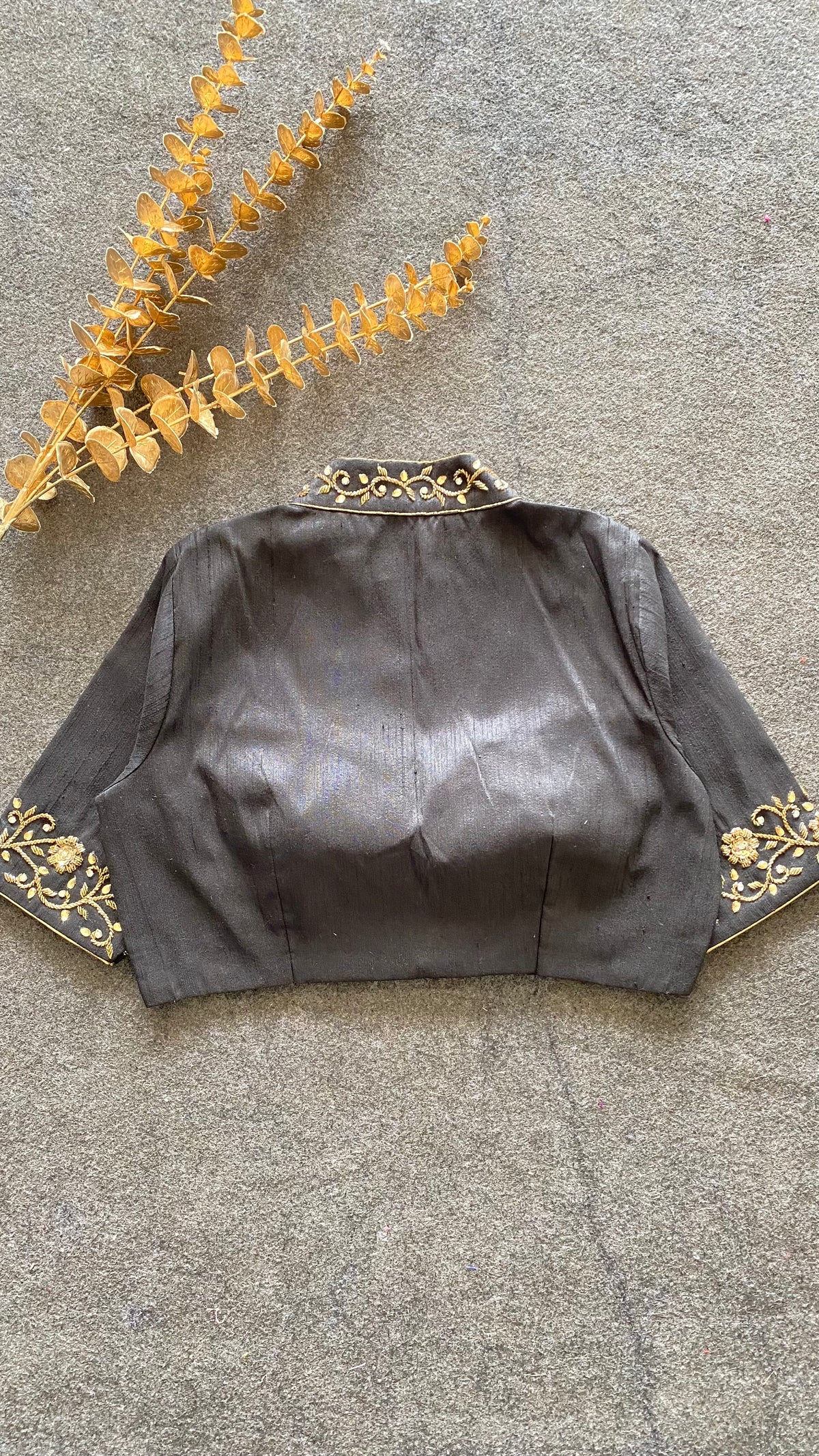 Black silk collar & sleeves hand worked blouse