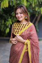 Brown jute saree with banarasi hand work blouse