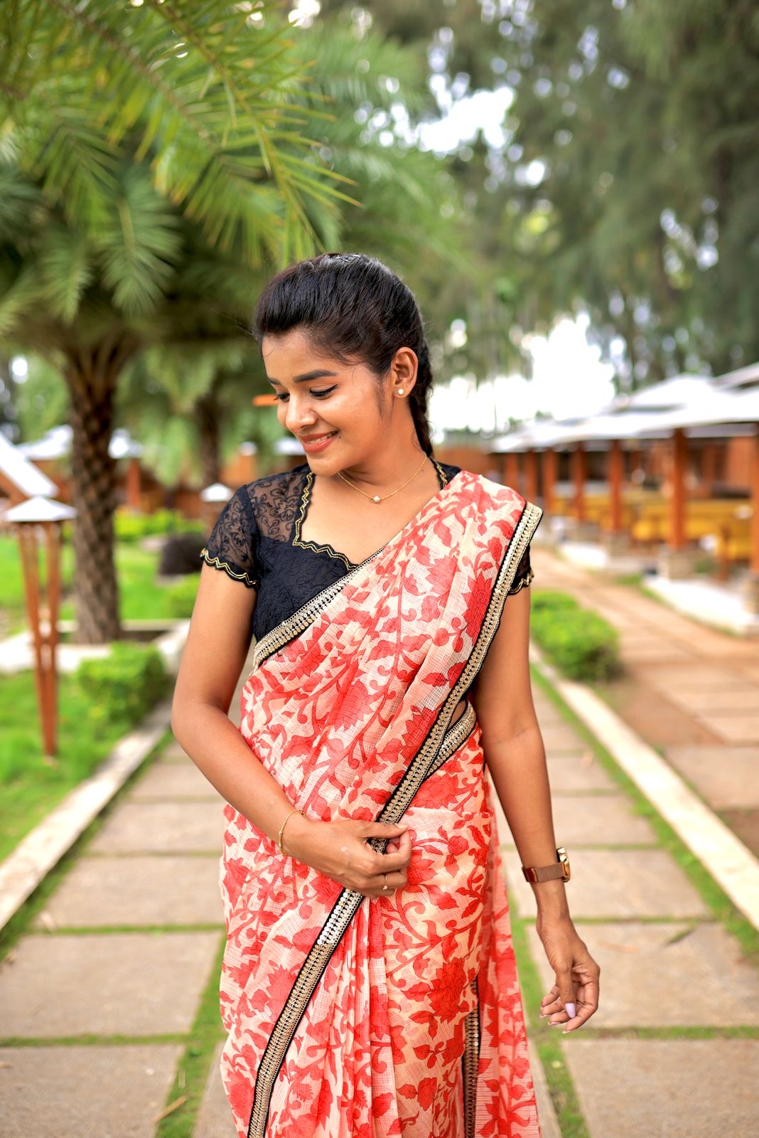 Cream red kota doria designer saree