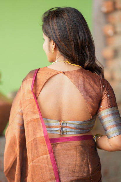 Copper soft tissue saree with handwork blouse