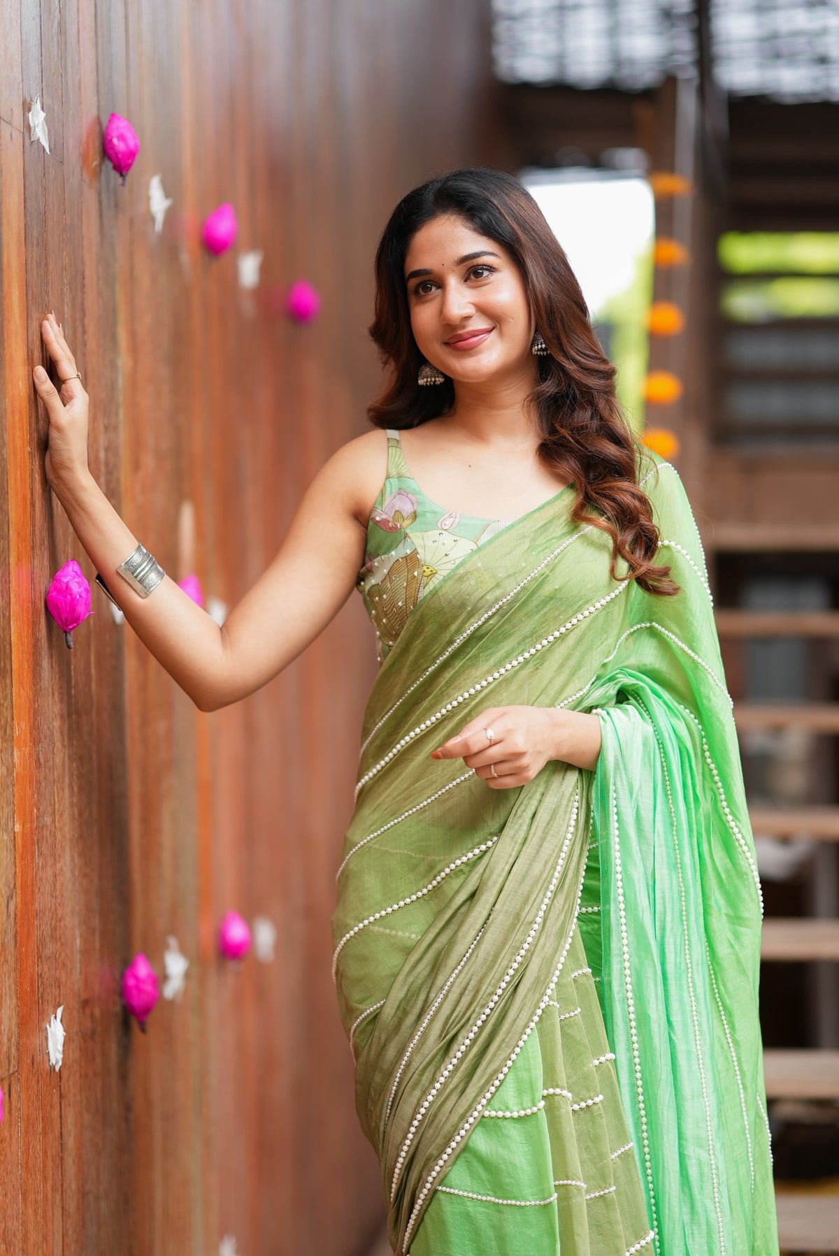 Multi Green Mul Chanderi Saree with Handwork Blouse