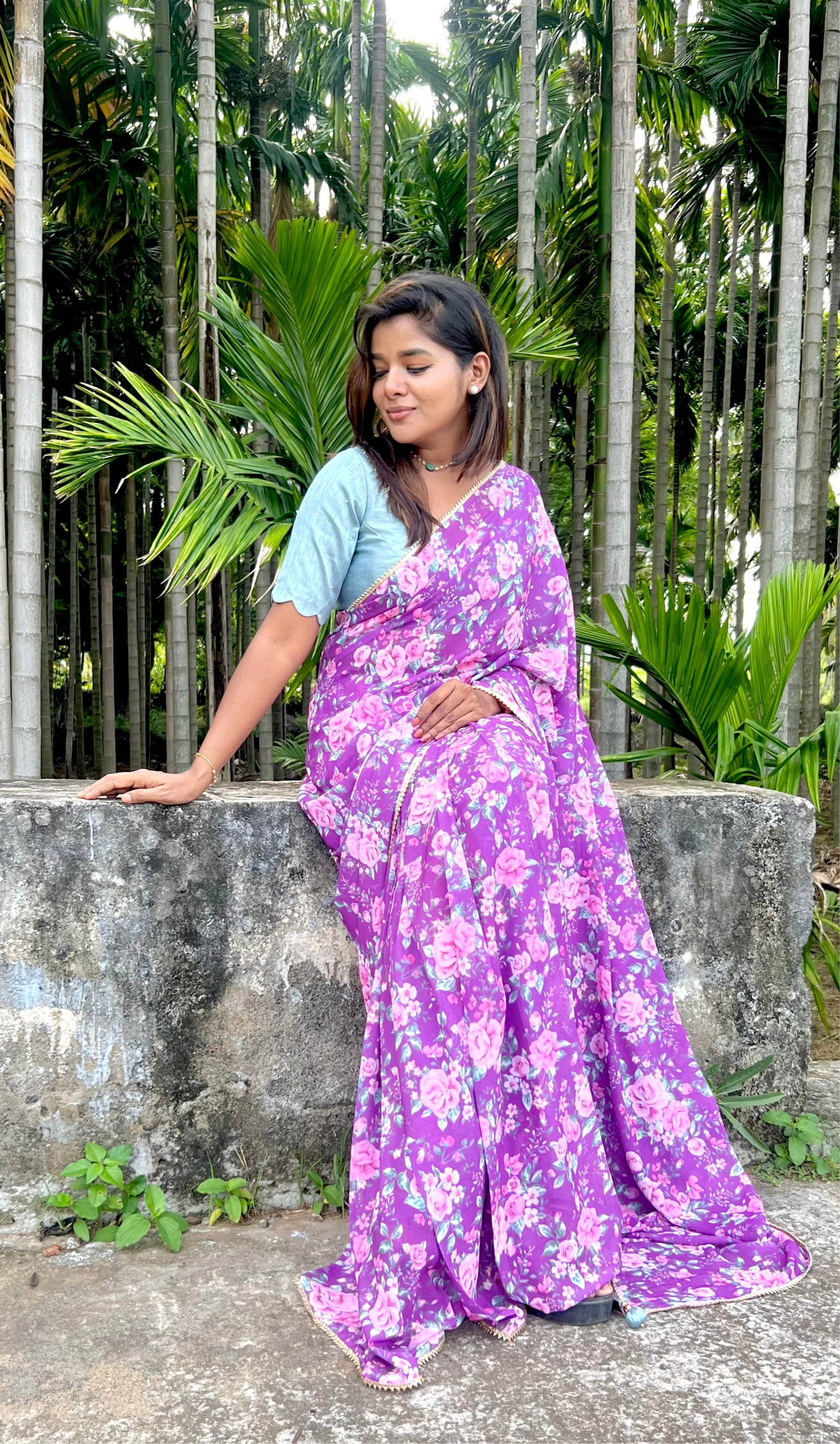 Purple floral georgette saree with hand worked blouse