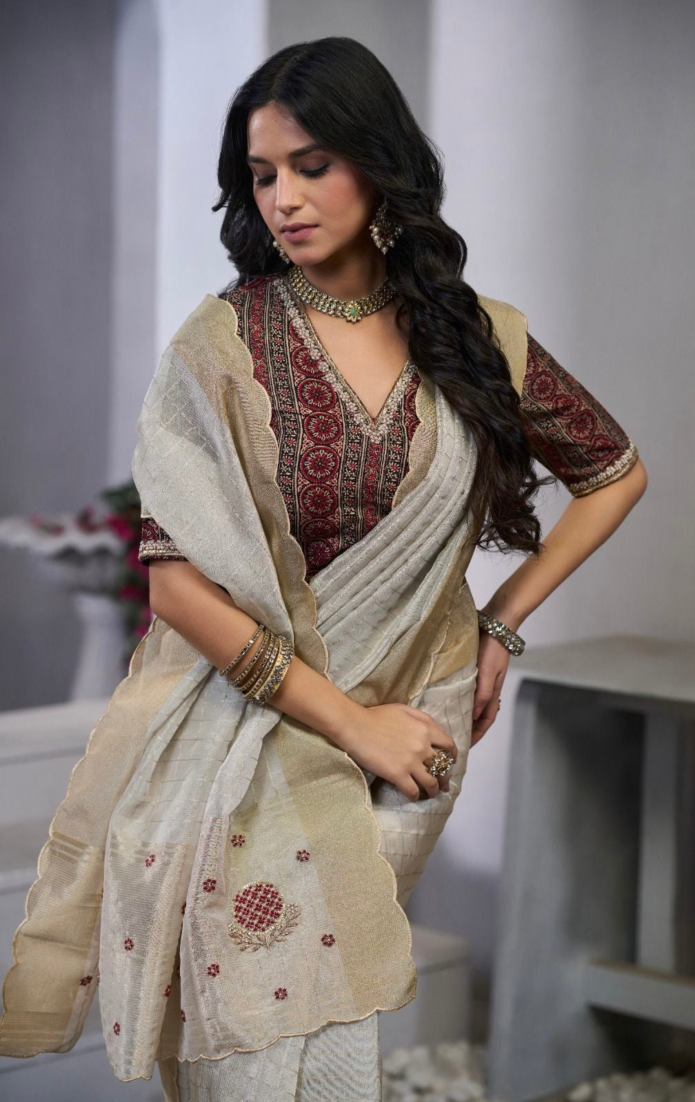 Cream checked tissue saree with Ajrak hand worked blouse