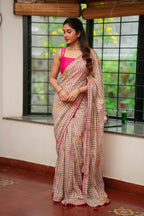 Brown checked mul cotton saree with hand work blouse