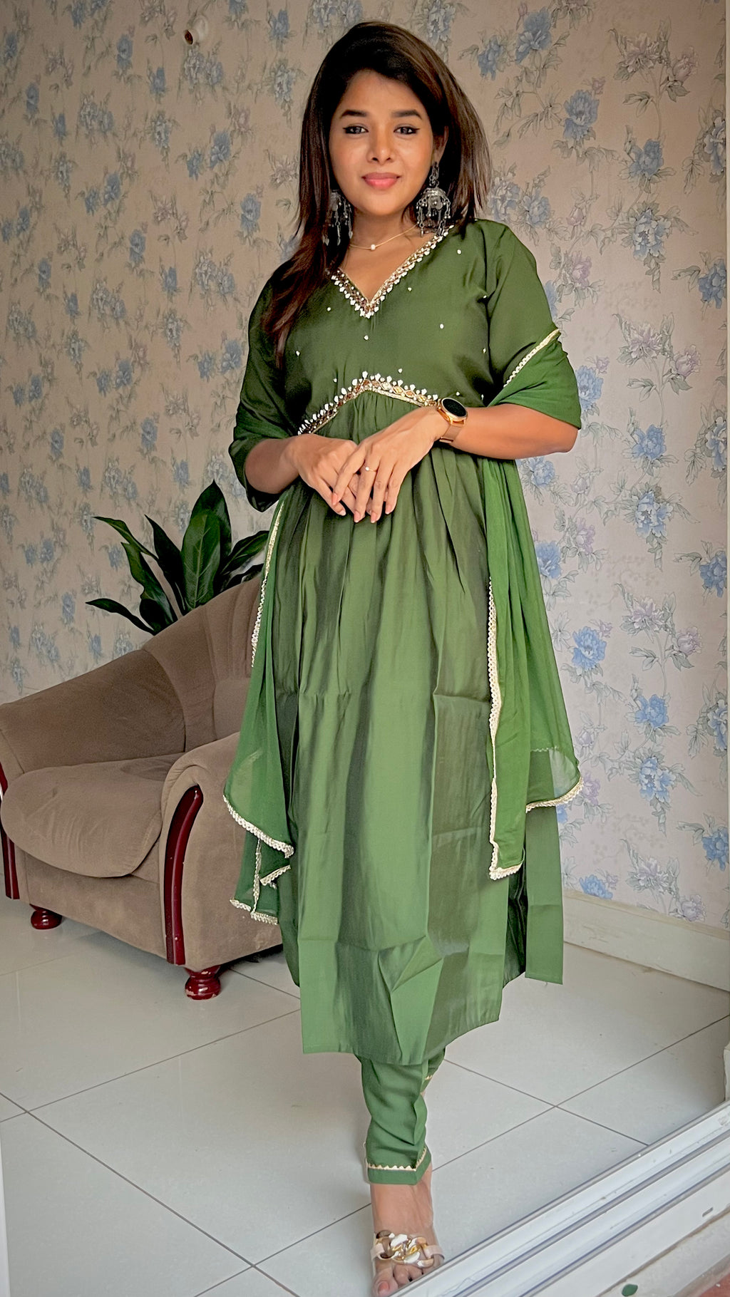 Mehandhi green silk 3 piece kurti suit