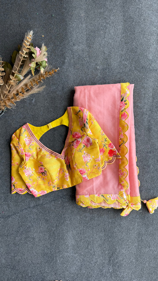 Peach organza saree with yellow floral hand work blouse