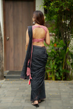 Black mul chanderi saree with pink embroidery blouse