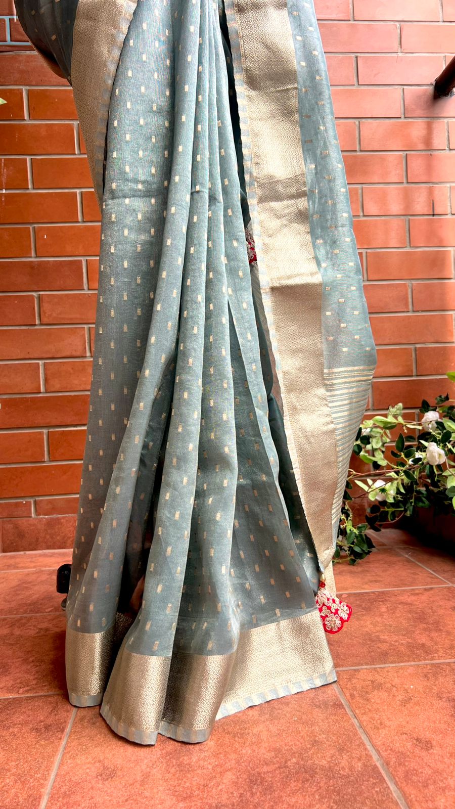 Grey banarasi saree with heavy embroidery blouse