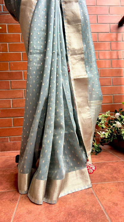Grey banarasi saree with heavy embroidery blouse