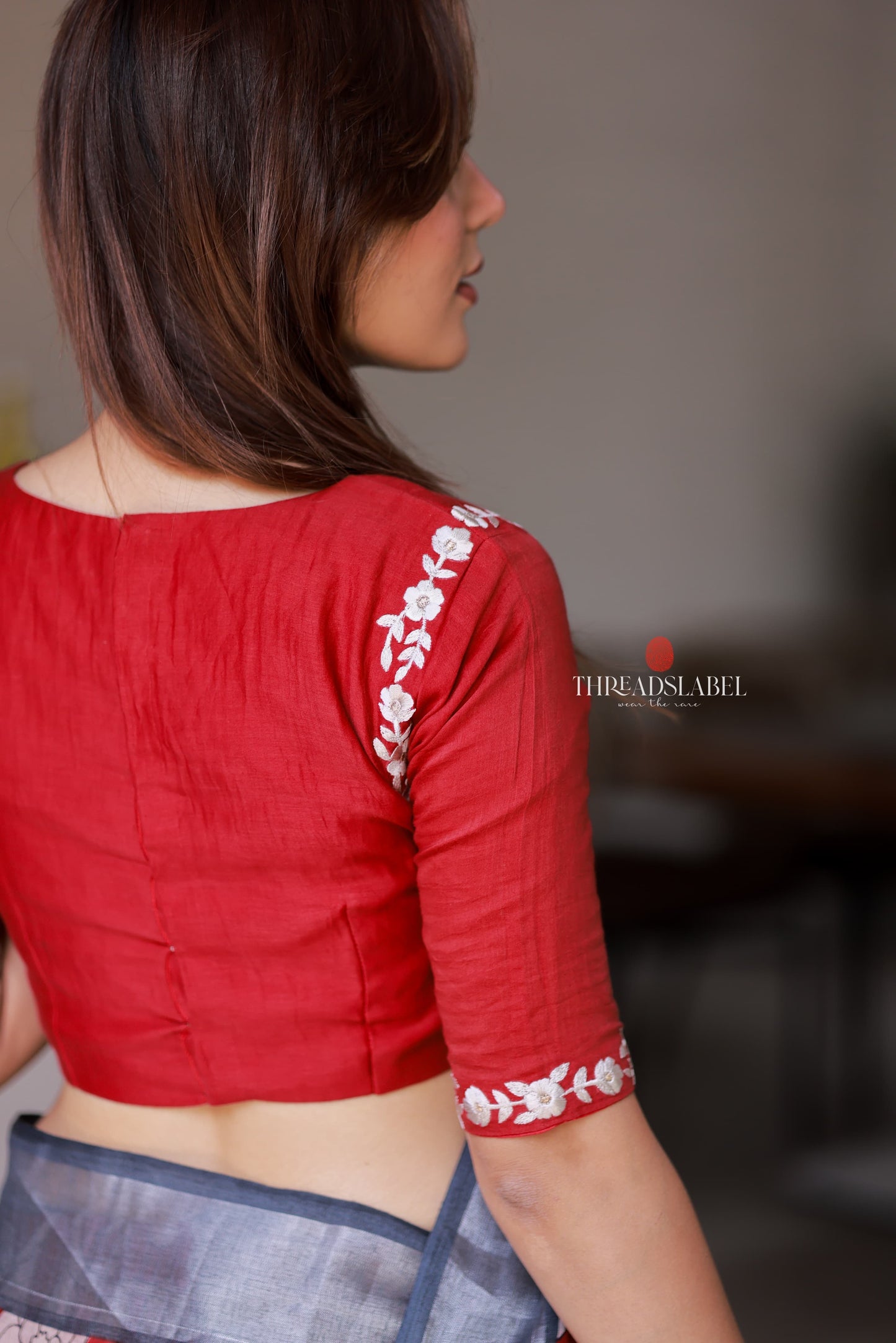 Reddish maroon linen cotton kalamkari saree with embroidery blouse