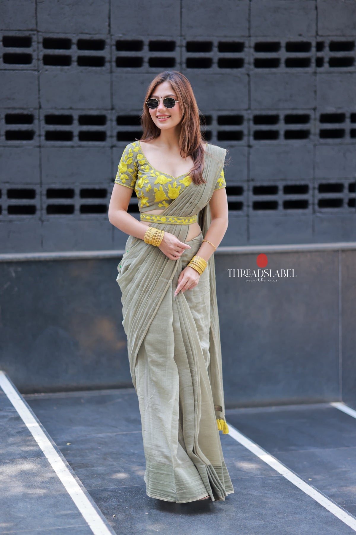 Apple green mul chanderi with embroidery blouse