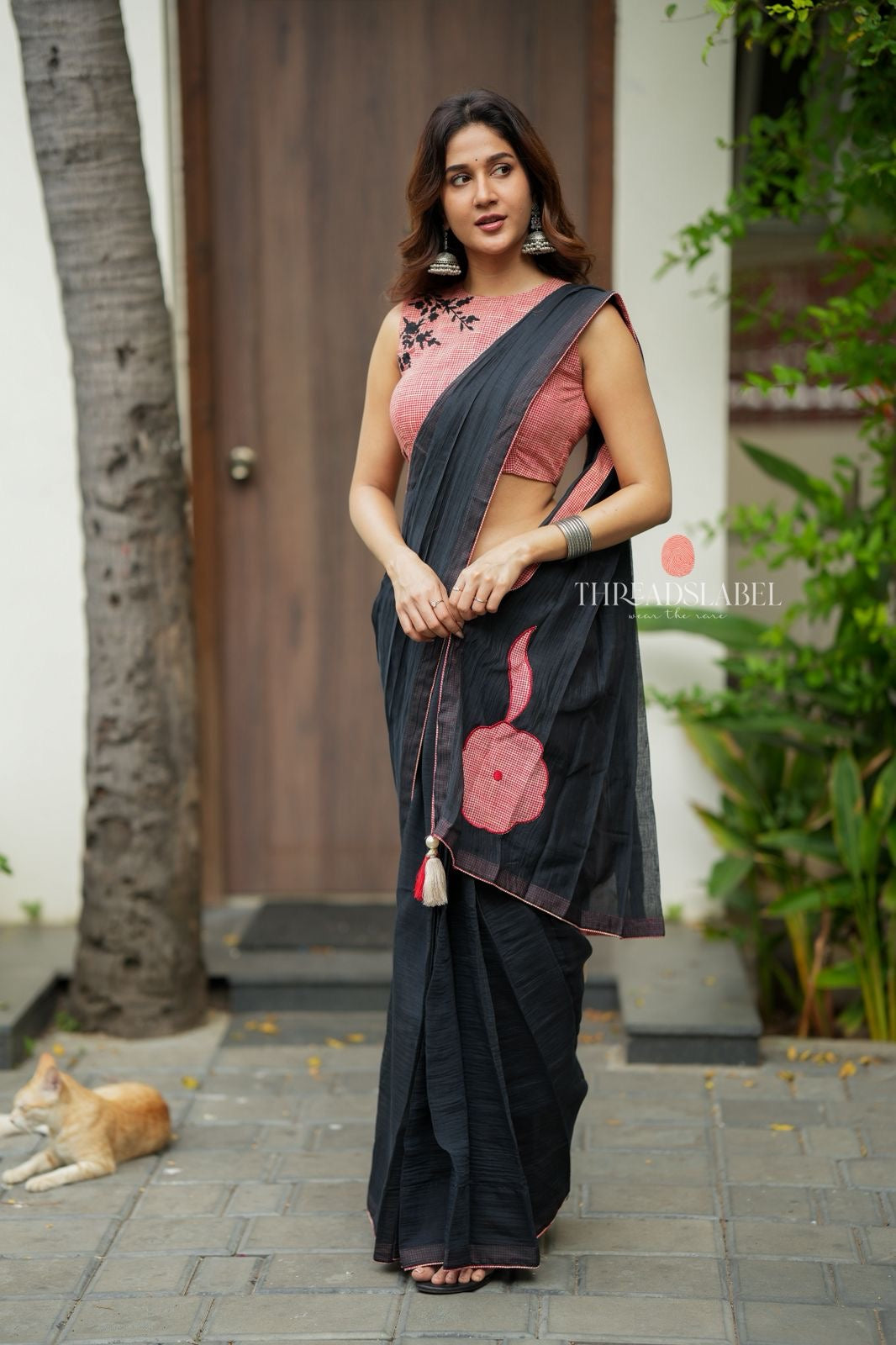 Black mul chanderi saree with pink embroidery blouse