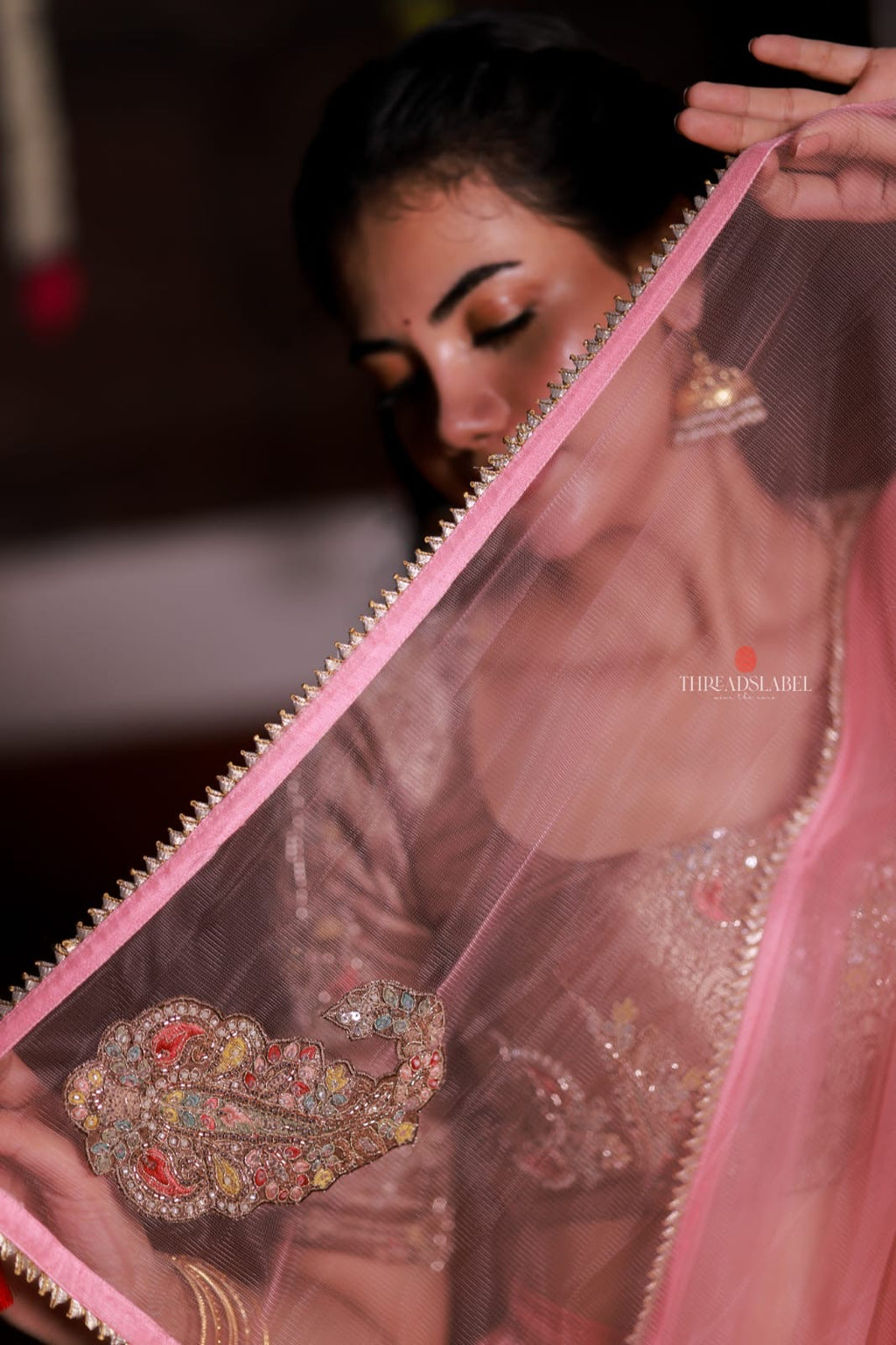 Pink marble silk lehenga with handwork blouse