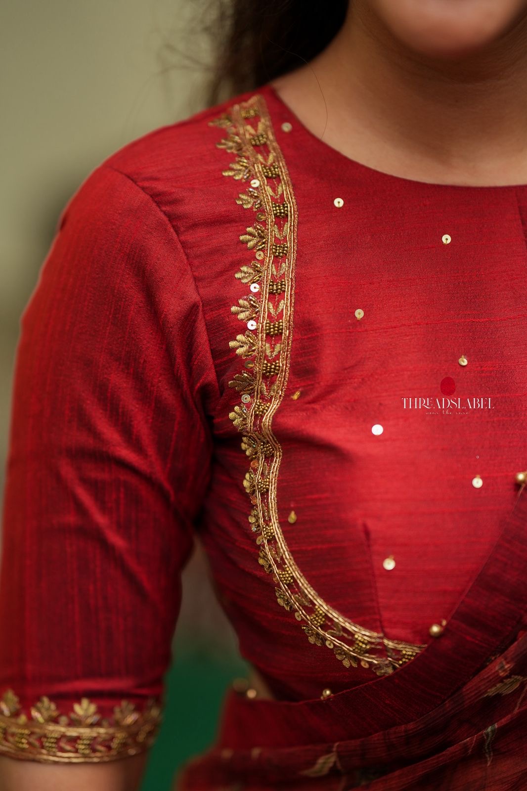 Maroon chiffon floral saree with hand work blouse