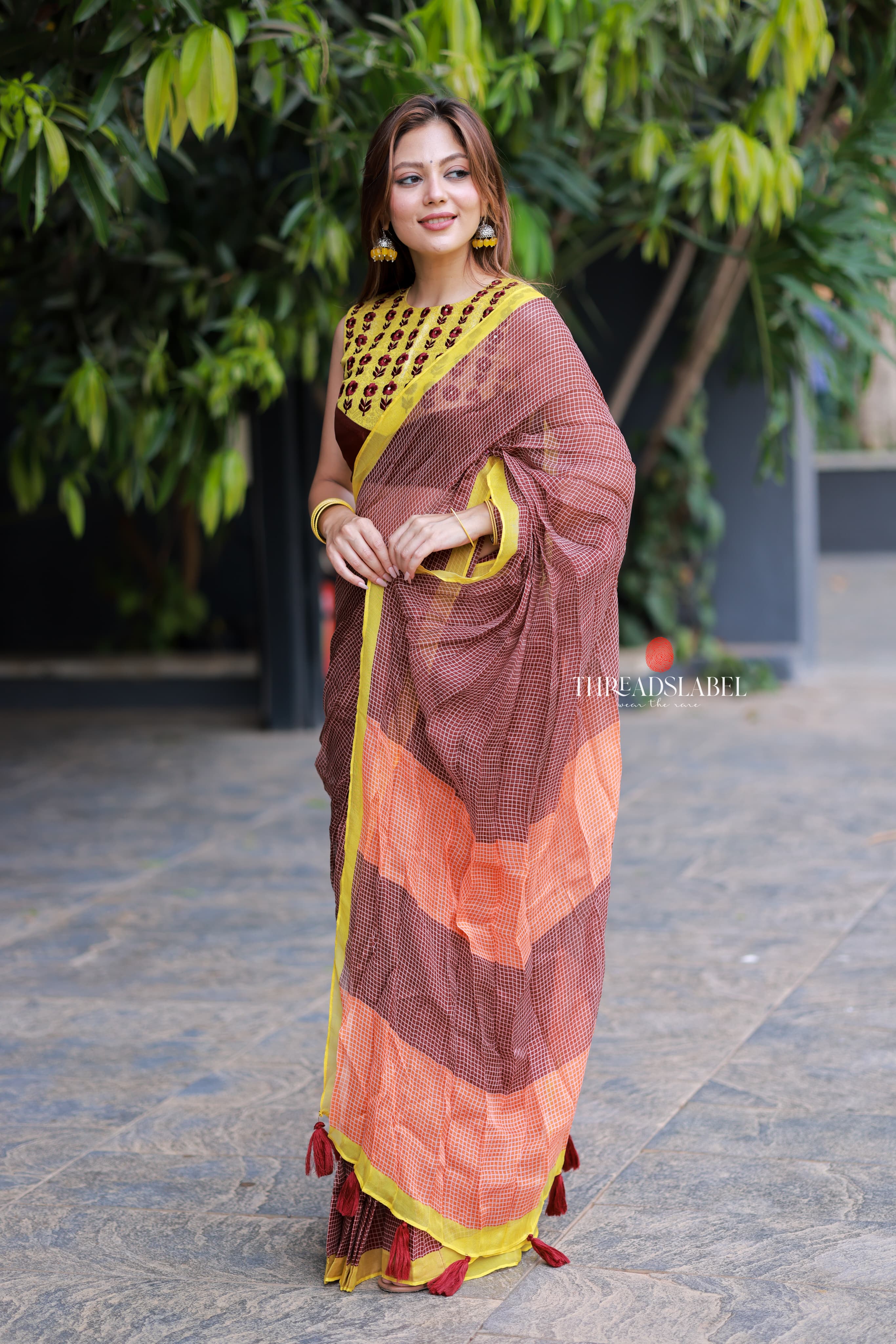 Brown jute saree with banarasi hand work blouse
