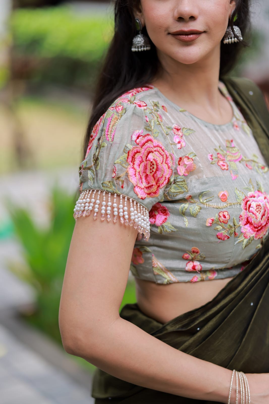 Bottle green Marble Saree with Handwork Blouse