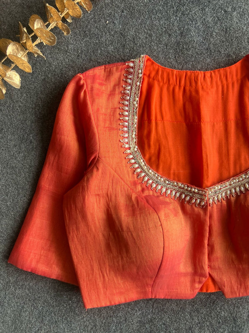 Orange red tissue pearl worked blouse